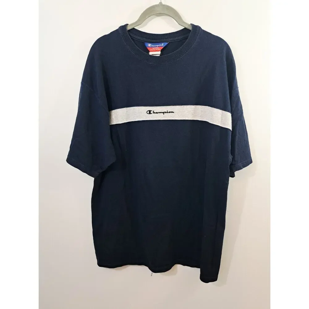 Champion T-shirt Men's Blue Large Gray Stripe Classic Crewneck - Picture 1 of 5